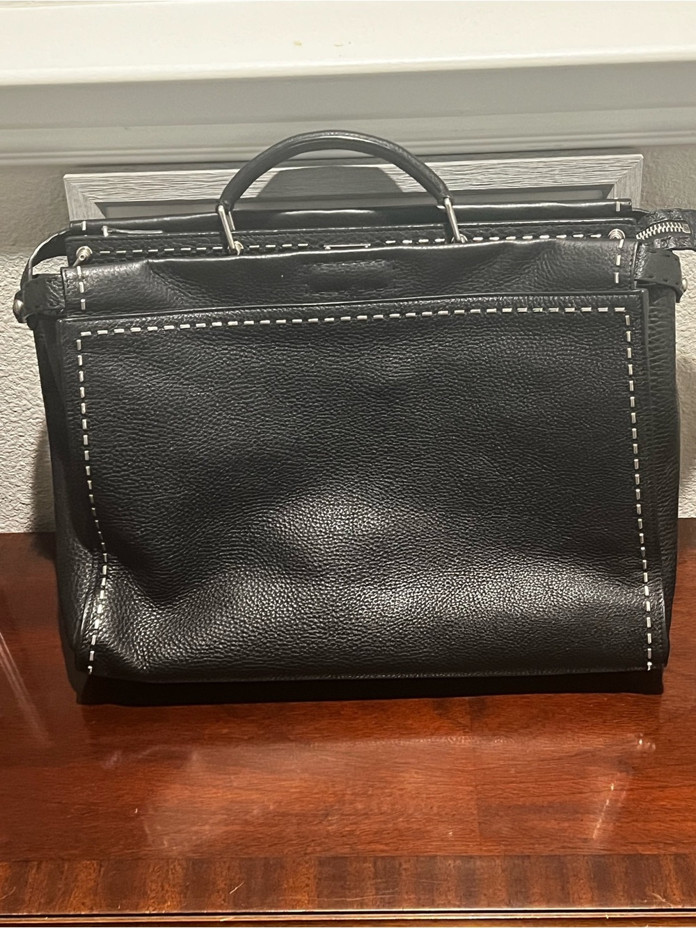 Fendi Black Leather Men’s Briefcase with White Contrast Stitching
